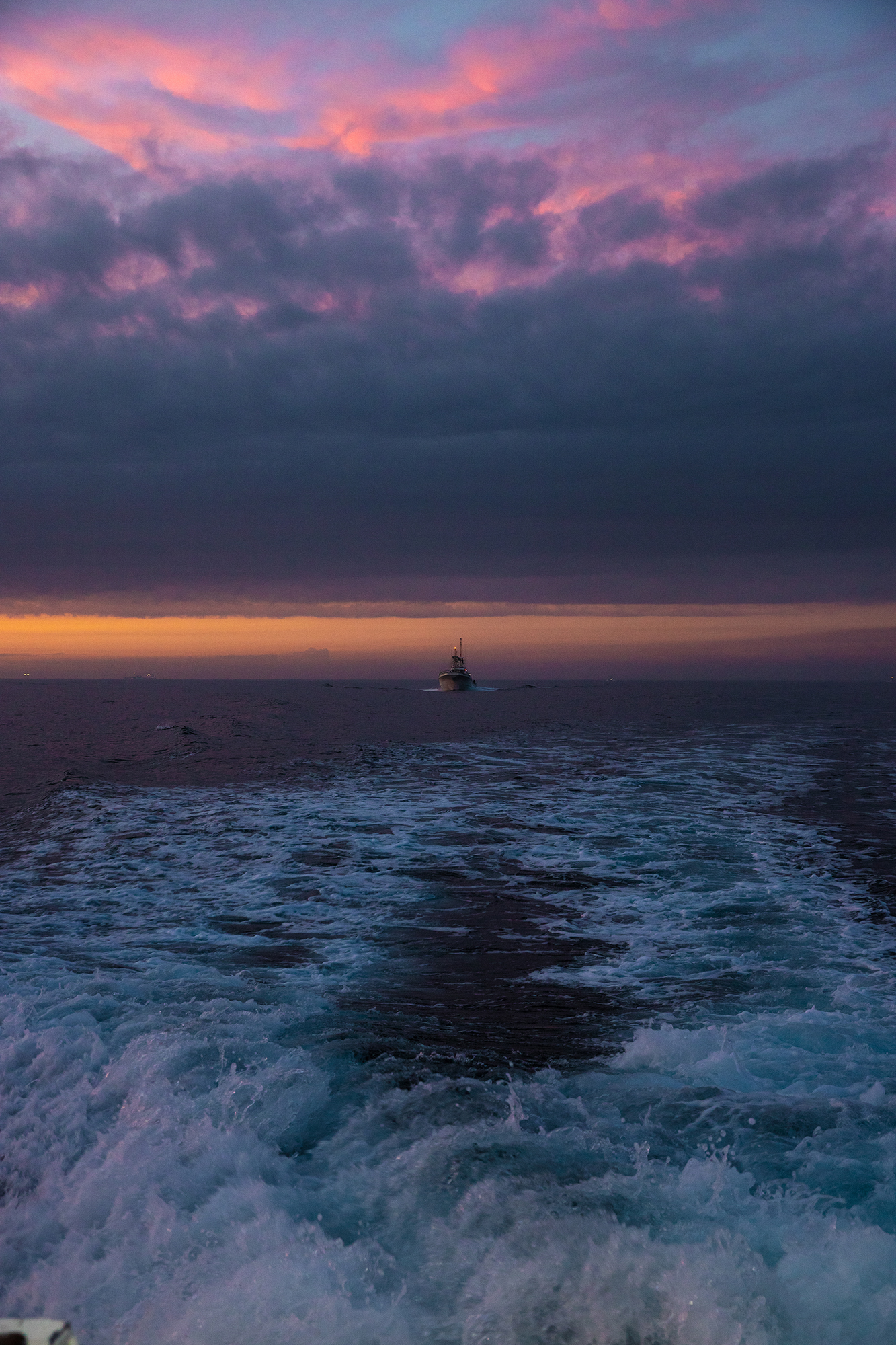 日が昇る前の幻想的な景色　後ろにも漁船が走る
