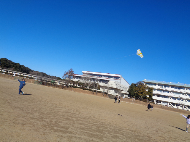 青空に凧を揚げる子ども