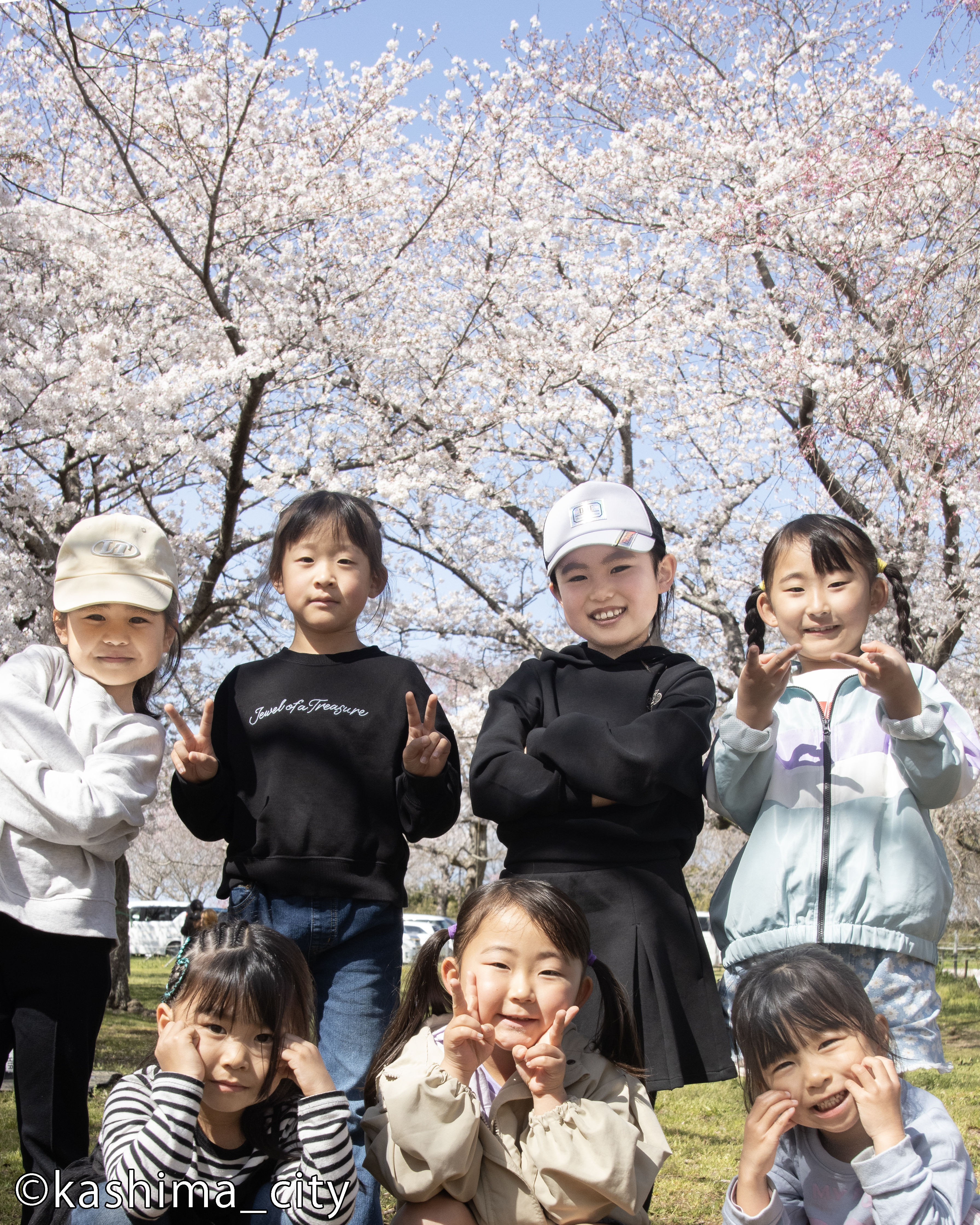 桜の前でピースする子どもたち