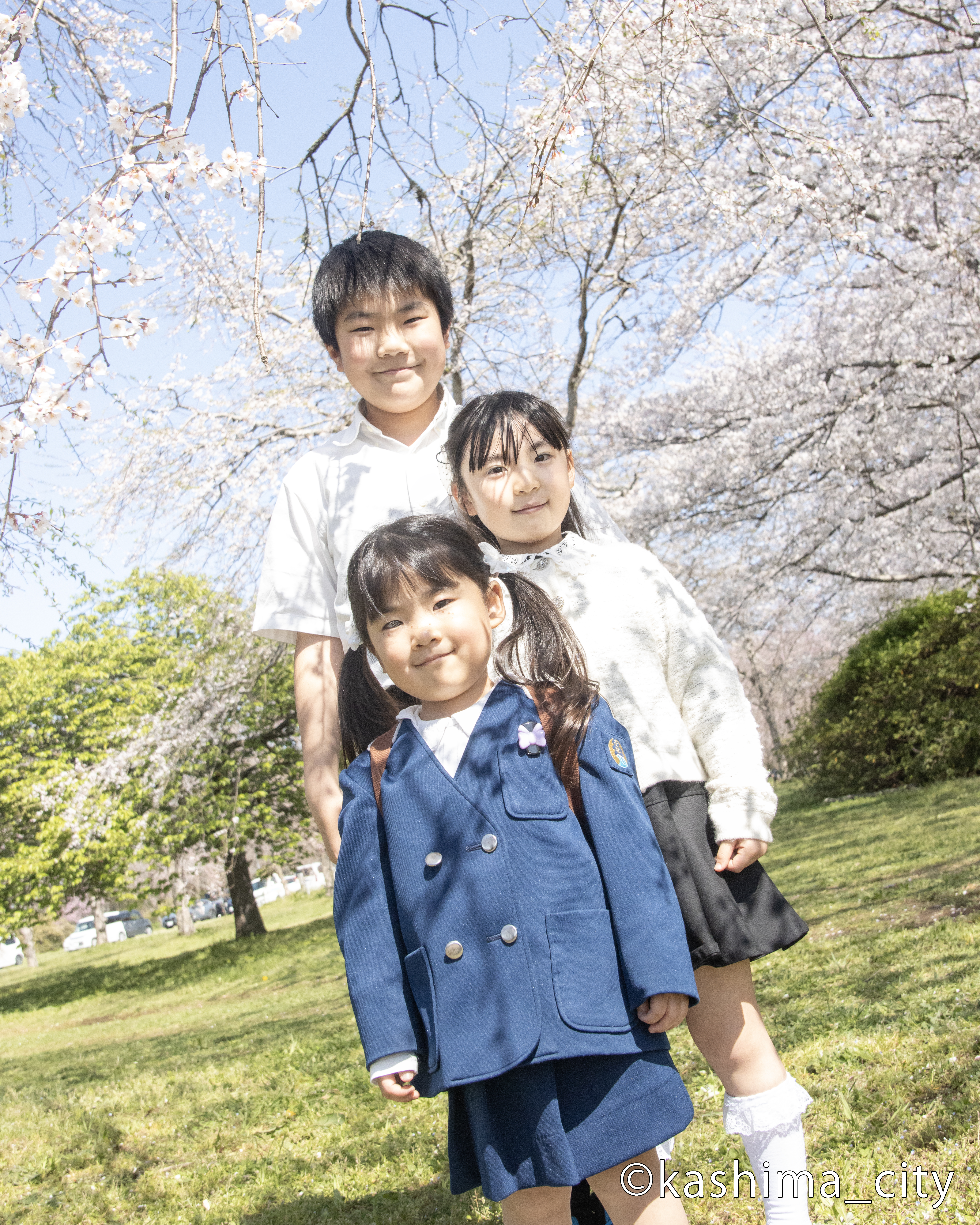 桜の前にならぶきょうだい３人