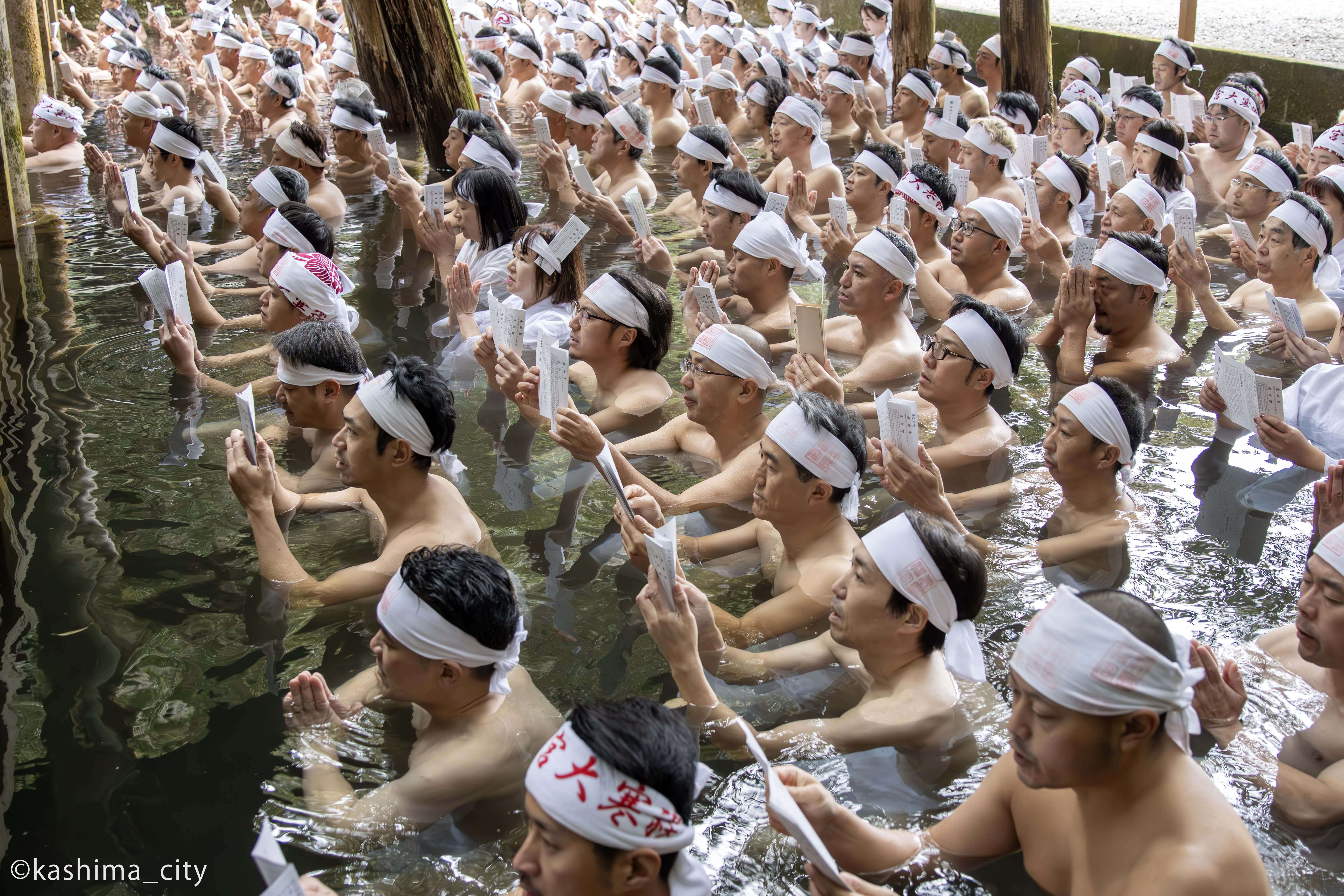 池の中で大祓詞を読み上げる参加者たち