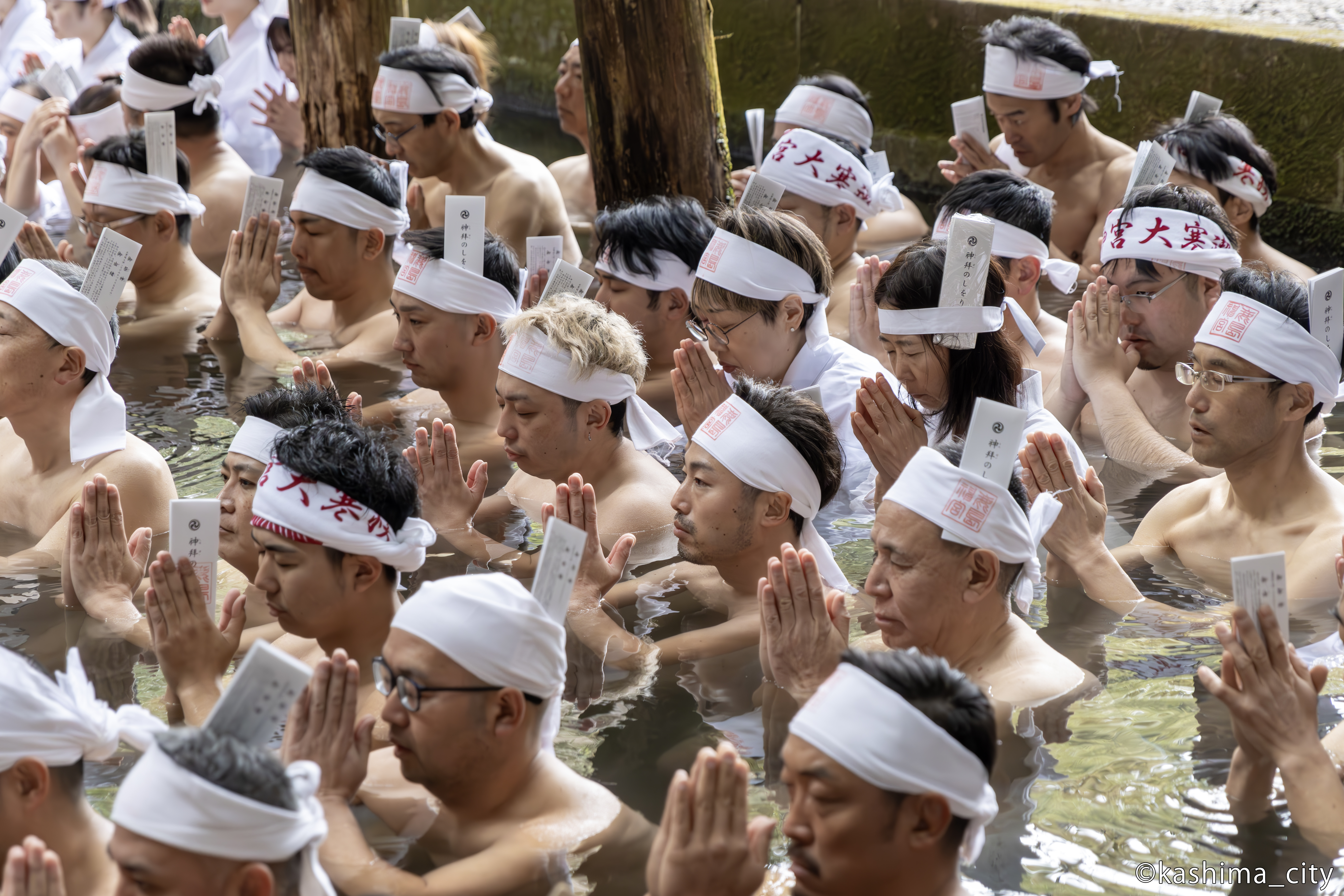 池の中で手を合わせる参加者たち